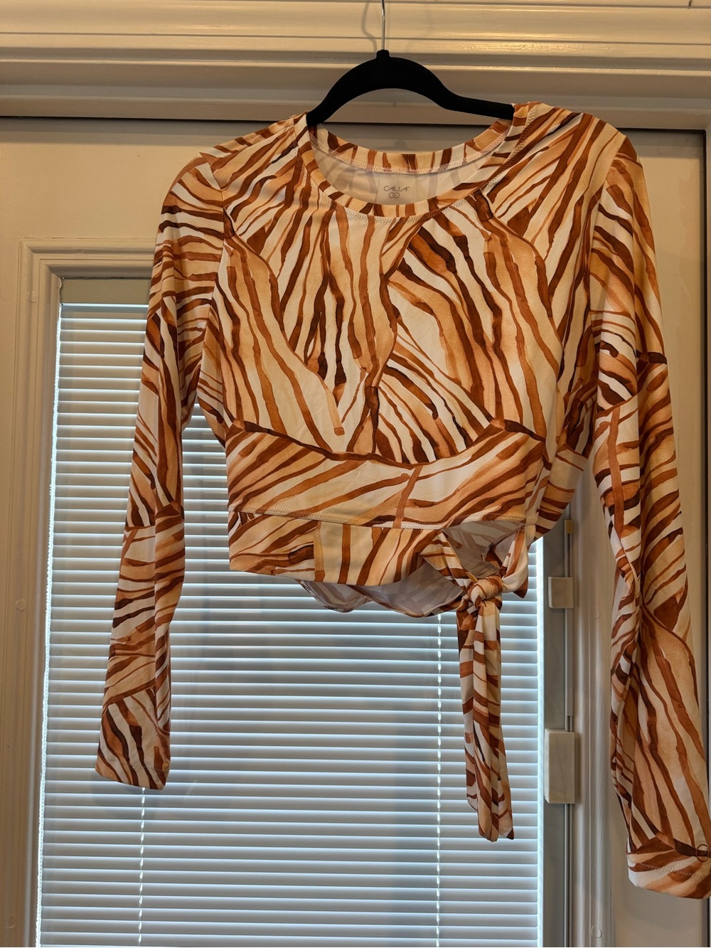 CALIA by Carrie Underwood Long-Sleeve Tie-Waist Zebra Print Top - Cream & Brown